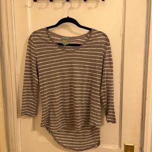Women’s long sleeve grey blouse with thin white stripes. Super soft linen